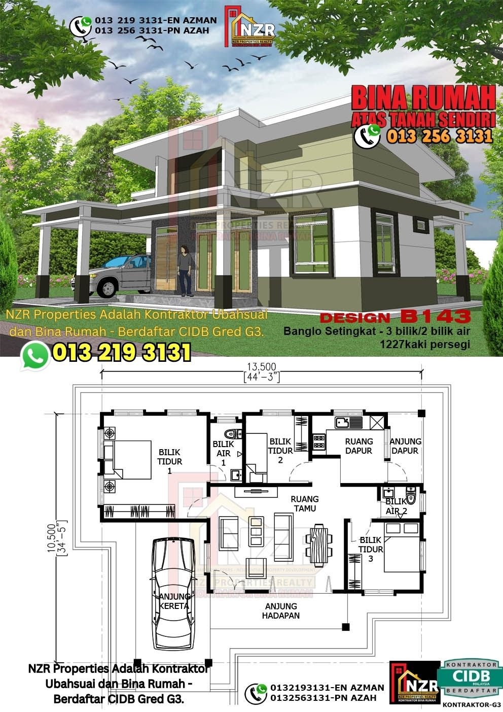 Design B143 rumah setingkat 1227 kps dengan 3 bilik tidur dan 2 bilik air.