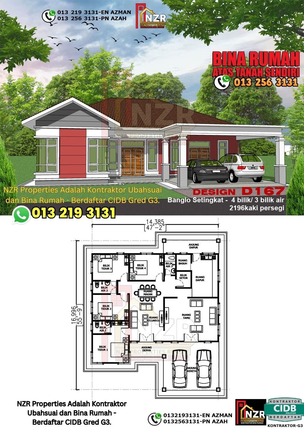 Design D167 rumah 1 tingkat 2196 kps dengan 4 bilik tidur dan 3 bilik air.
