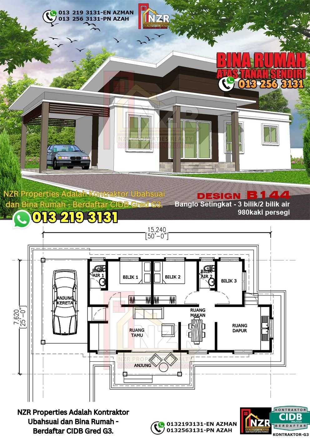 Design B144 rumah setingkat 980 kps dengan 3 bilik tidur dan 2 bilik air.