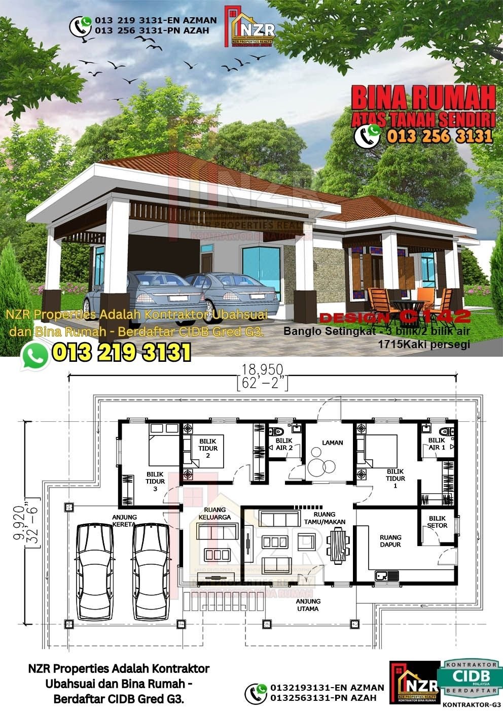 Design C142 rumah 1 tingkat 1715 kps dengan 3 bilik tidur dan 2 bilik air.