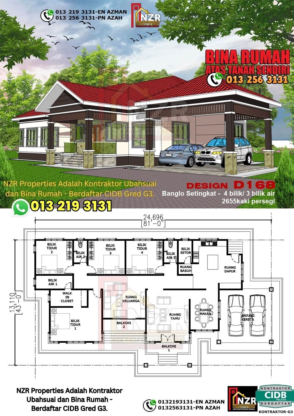 Design D168 rumah 1 tingkat 2655 kps dengan 4 bilik tidur dan 3 bilik air.