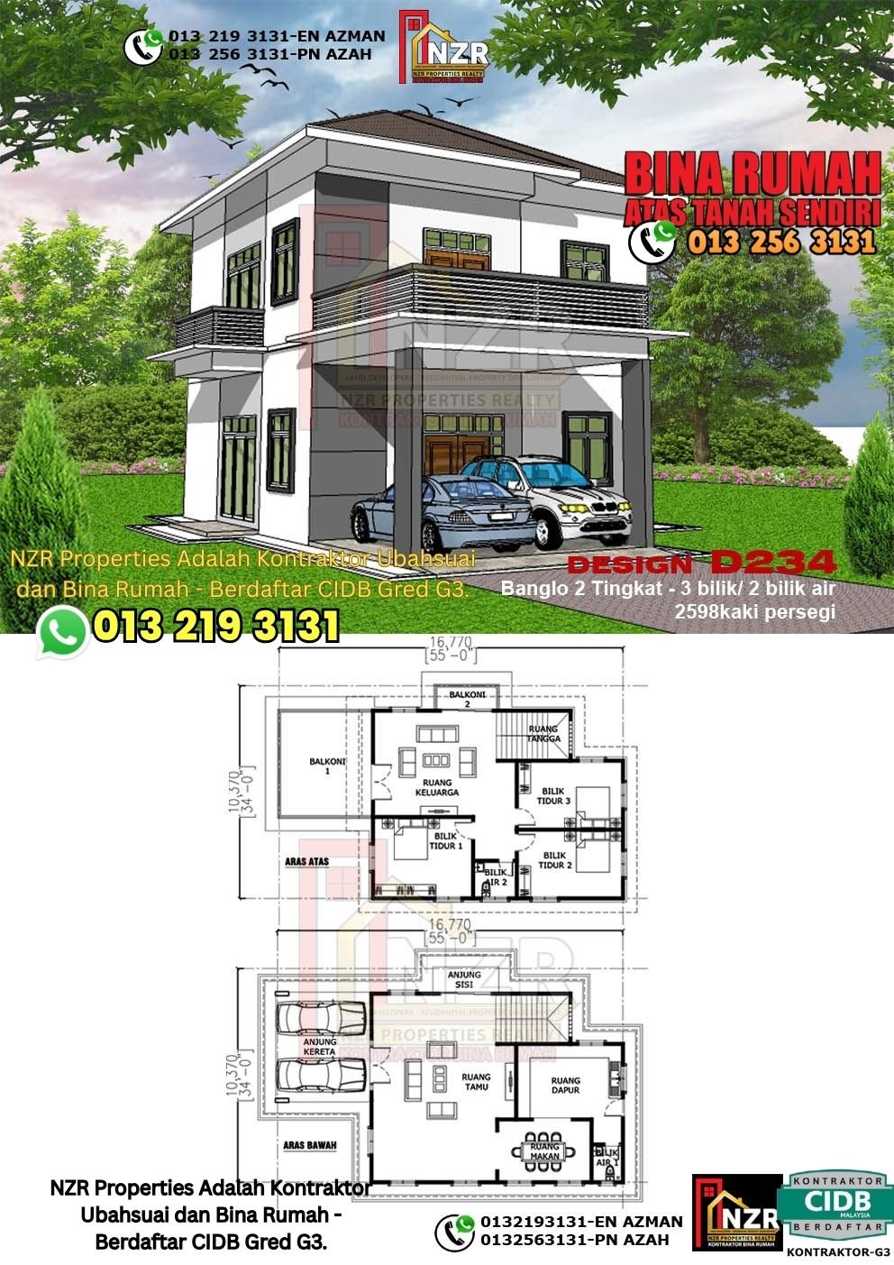 Design D234 rumah dua tingkat 2598 kps dengan 3 bilik tidur dan 2 bilik air.
