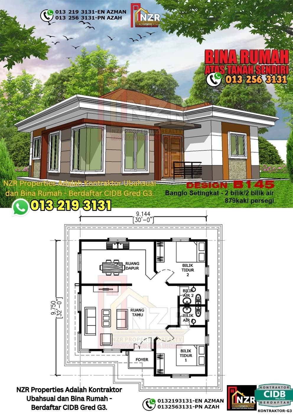 Design B145 rumah setingkat 879 kps dengan 2 bilik tidur dan 2 bilik air.