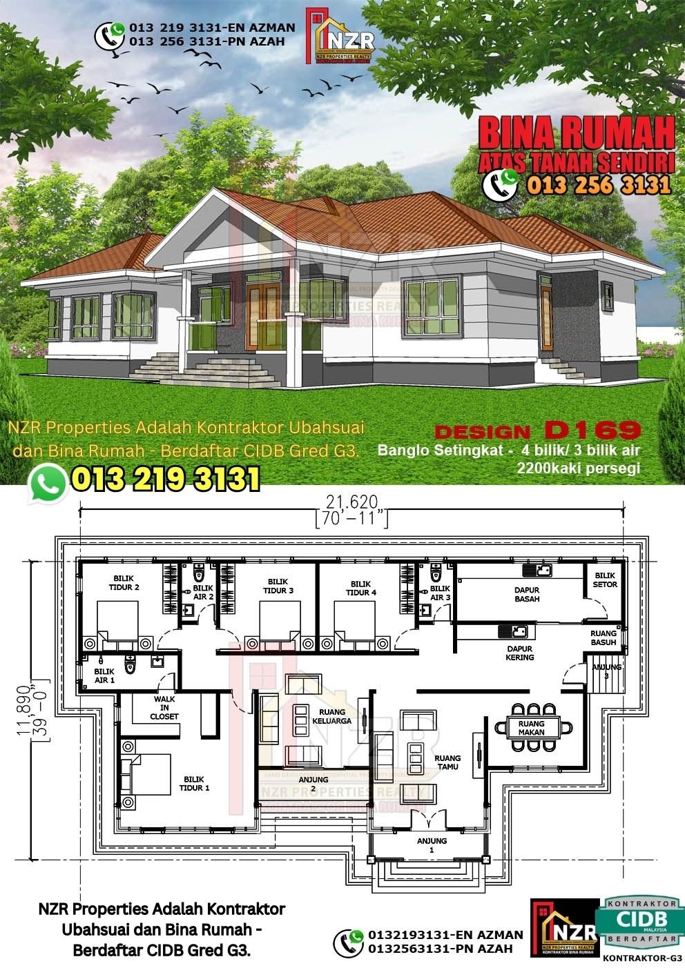 Design D169 rumah 1 tingkat 2200 kps dengan 4 bilik tidur dan 3 bilik air.