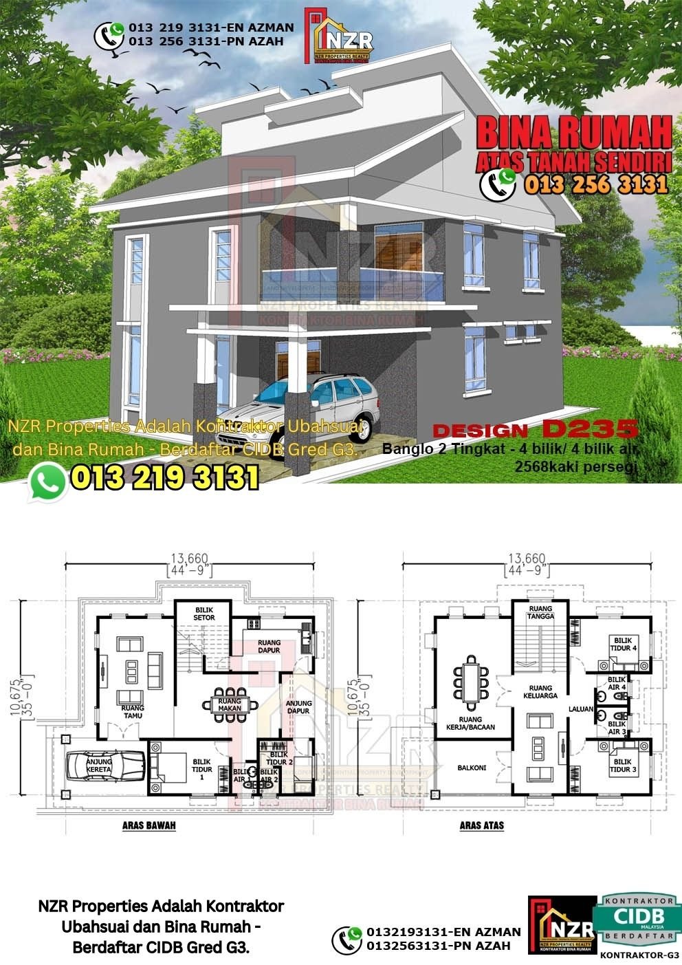 Design D235 rumah dua tingkat 2568 kps dengan 4 bilik tidur dan 4 bilik air.