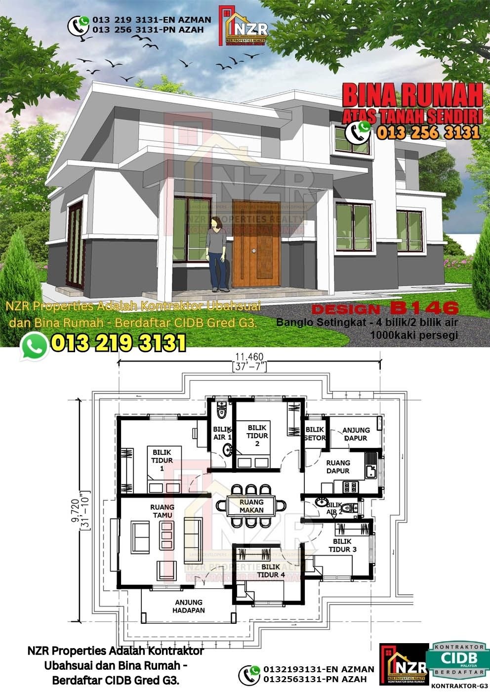 Design B146 rumah setingkat 1000 kps dengan 4 bilik tidur dan 2 bilik air.