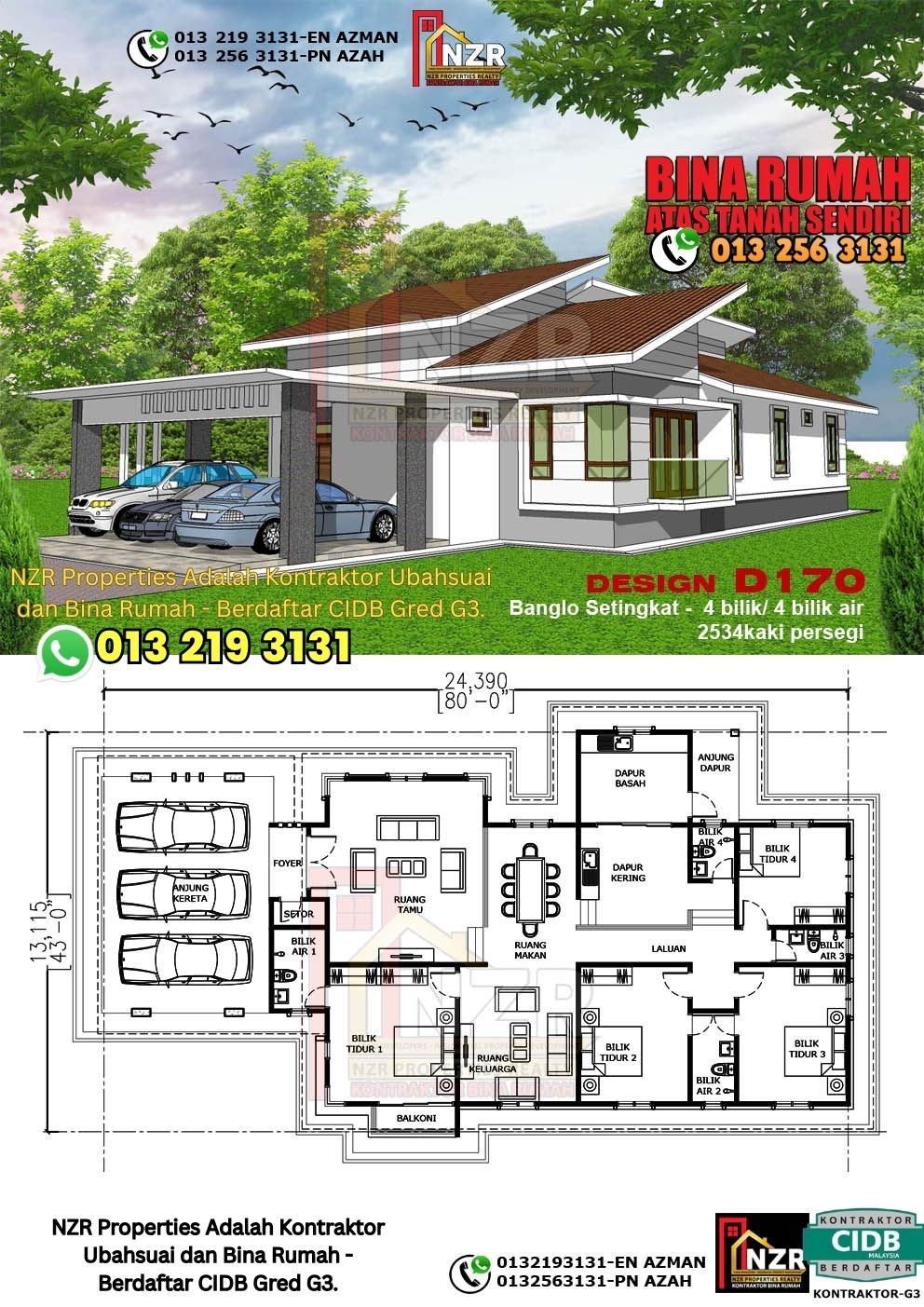 Design D170 rumah 1 tingkat 2534 kps dengan 4 bilik tidur dan 4 bilik air.