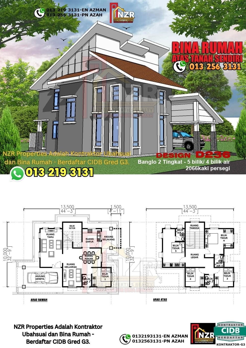 Design D236 rumah dua tingkat 2066 kps dengan 5 bilik tidur dan 4 bilik air.