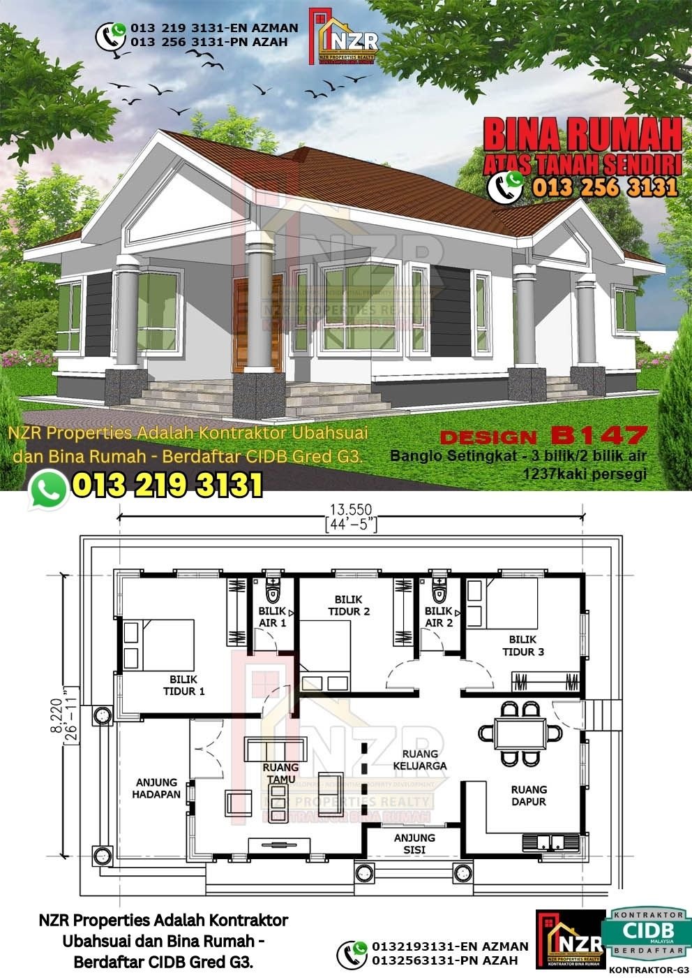 Design B147 rumah setingkat 1237 kps dengan 3 bilik tidur dan 2 bilik air.