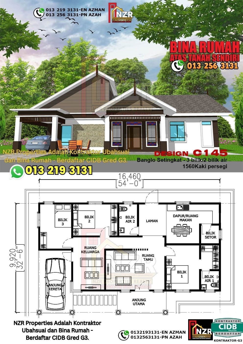 Design C145 rumah 1 tingkat 1560 kps dengan 3 bilik tidur dan 2 bilik air.
