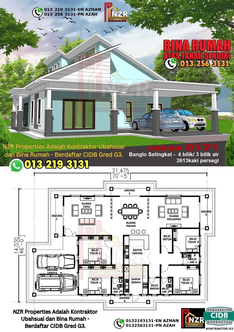 Design D171 rumah 1 tingkat 2613 kps dengan 4 bilik tidur dan 3 bilik air.