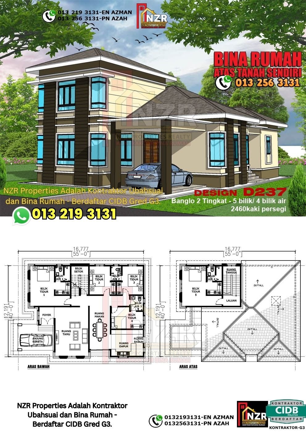 Design D237 rumah dua tingkat 2460 kps dengan 5 bilik tidur dan 4 bilik air.