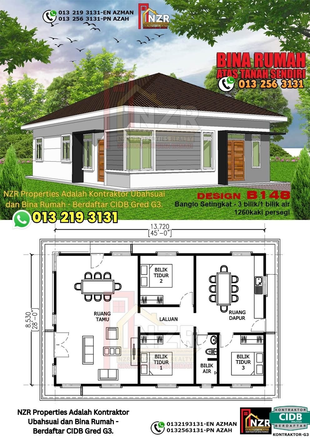 Design B148 rumah setingkat 1260 kps dengan 3 bilik tidur dan 1 bilik air.
