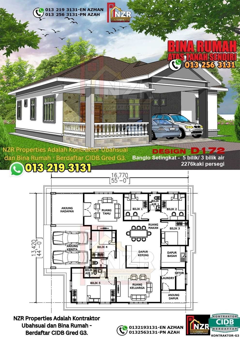 Design D172 rumah 1 tingkat 2276 kps dengan 5 bilik tidur dan 3 bilik air.