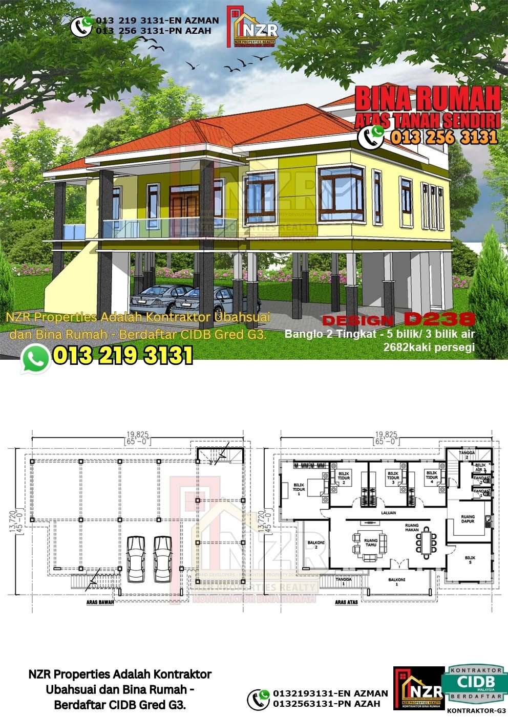 Design D238 rumah dua tingkat 2682 kps dengan 5 bilik tidur dan 3 bilik air.