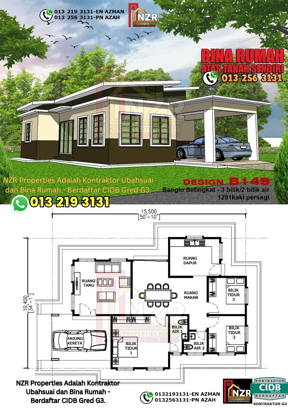 Design B149 rumah setingkat 1291 kps dengan 3 bilik tidur dan 2 bilik air.