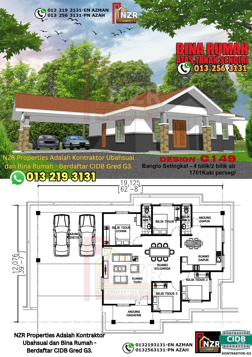 Design C149 rumah 1 tingkat 1701 kps dengan 4 bilik tidur dan 2 bilik air.