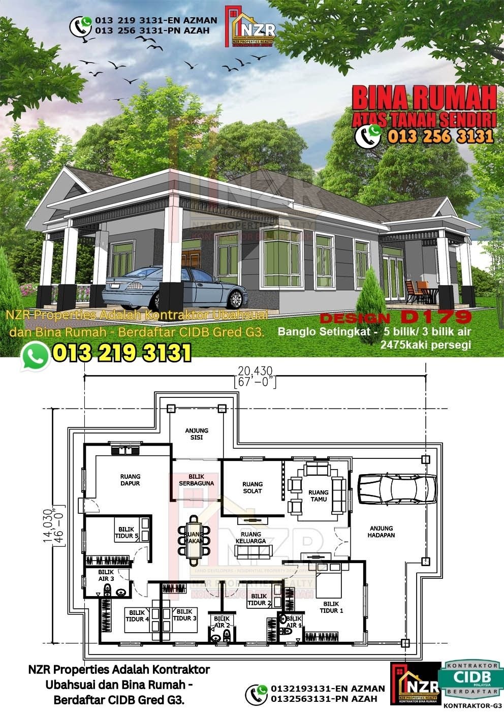 Design D179 rumah 1 tingkat 2475 kps dengan 5 bilik tidur dan 3 bilik air.
