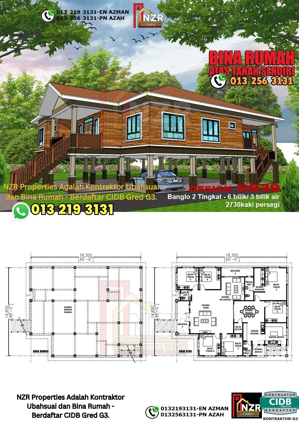Design D239 rumah dua tingkat 2730 kps dengan 6 bilik tidur dan 3 bilik air.