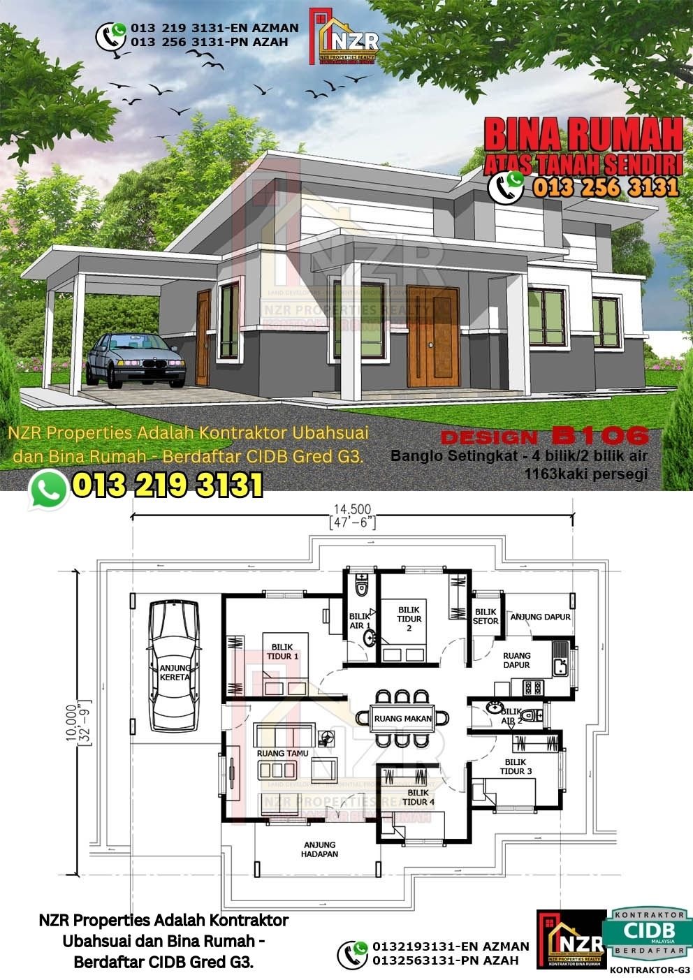 Design B106 rumah 1 tingkat 1163 kps dengan 4 bilik tidur dan 2 bilik air.