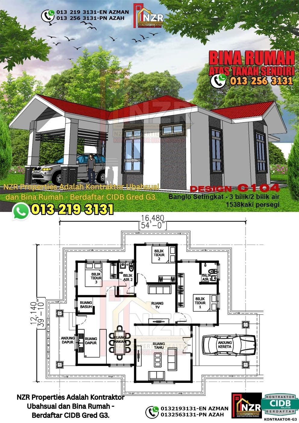 Design C104 rumah 1 tingkat 1538 kps dengan 3 bilik tidur dan 2 bilik air.