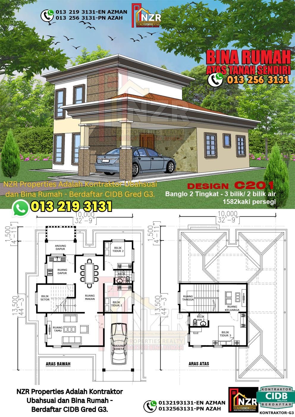Design C201 rumah dua tingkat 1582 kps dengan 3 bilik tidur dan 2 bilik air.