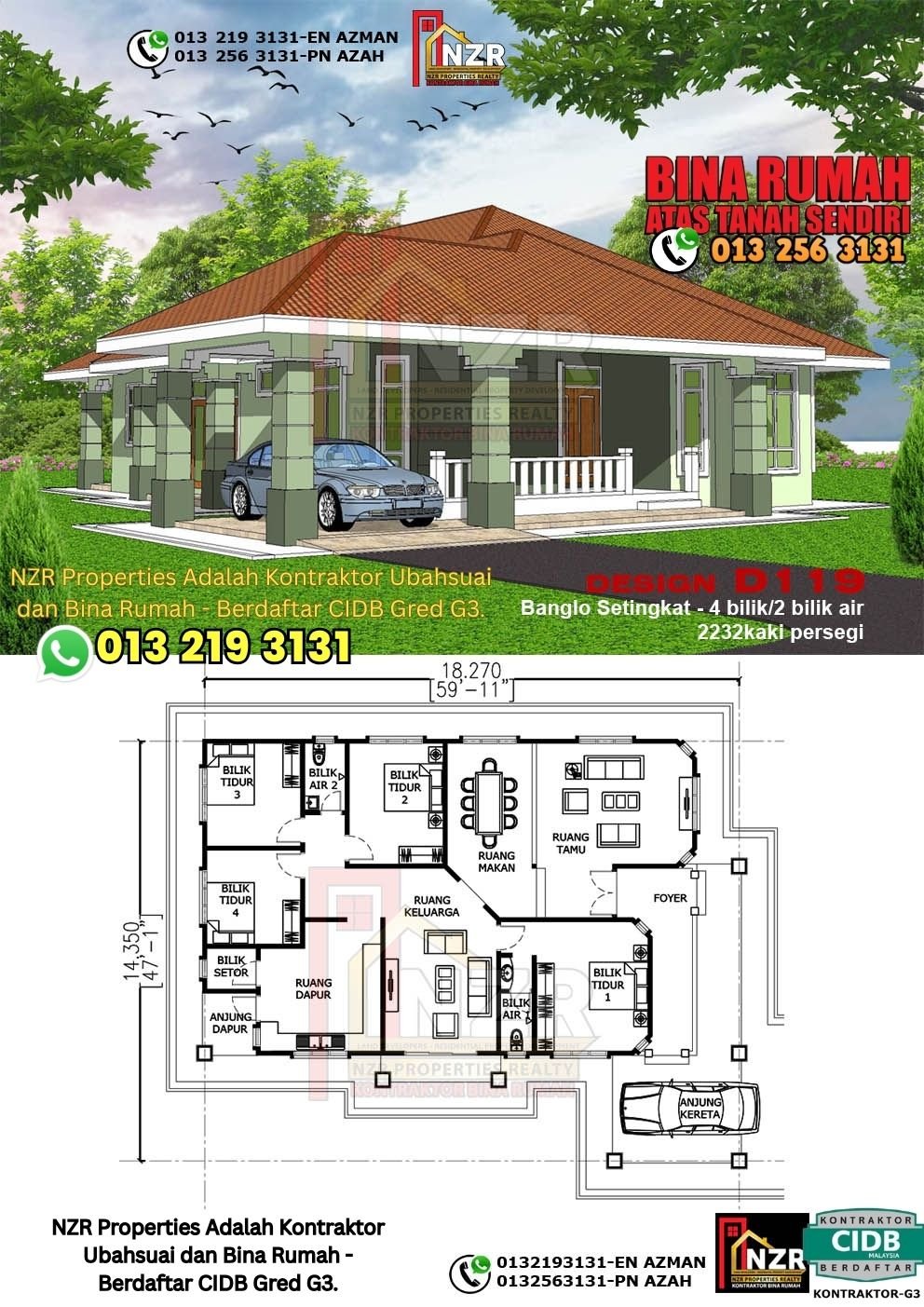 Design D119 rumah 1 tingkat 2232 kps dengan 4 bilik tidur dan 2 bilik air.