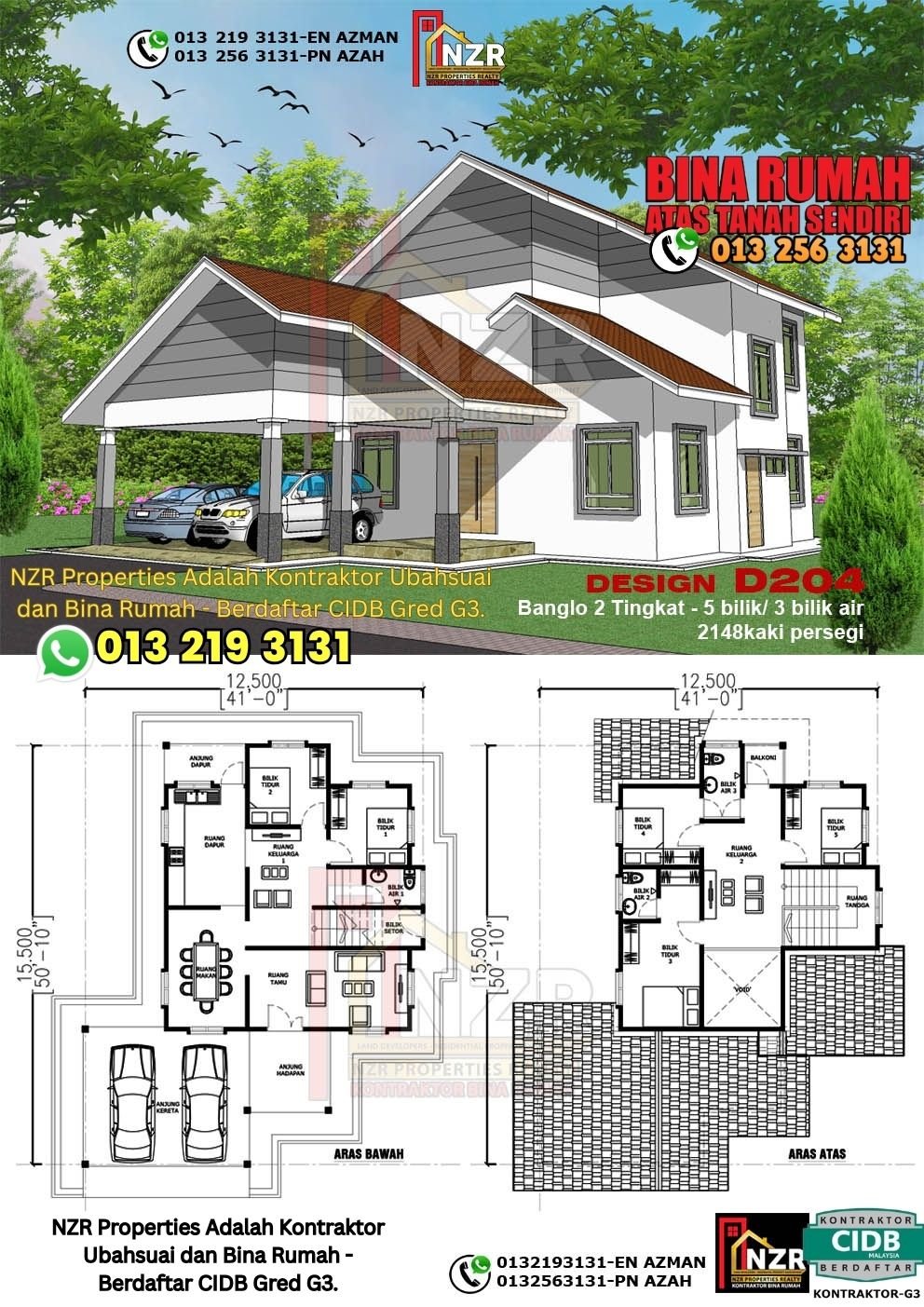 Design D204 rumah dua tingkat 2148 kps dengan 5 bilik tidur dan 3 bilik air.