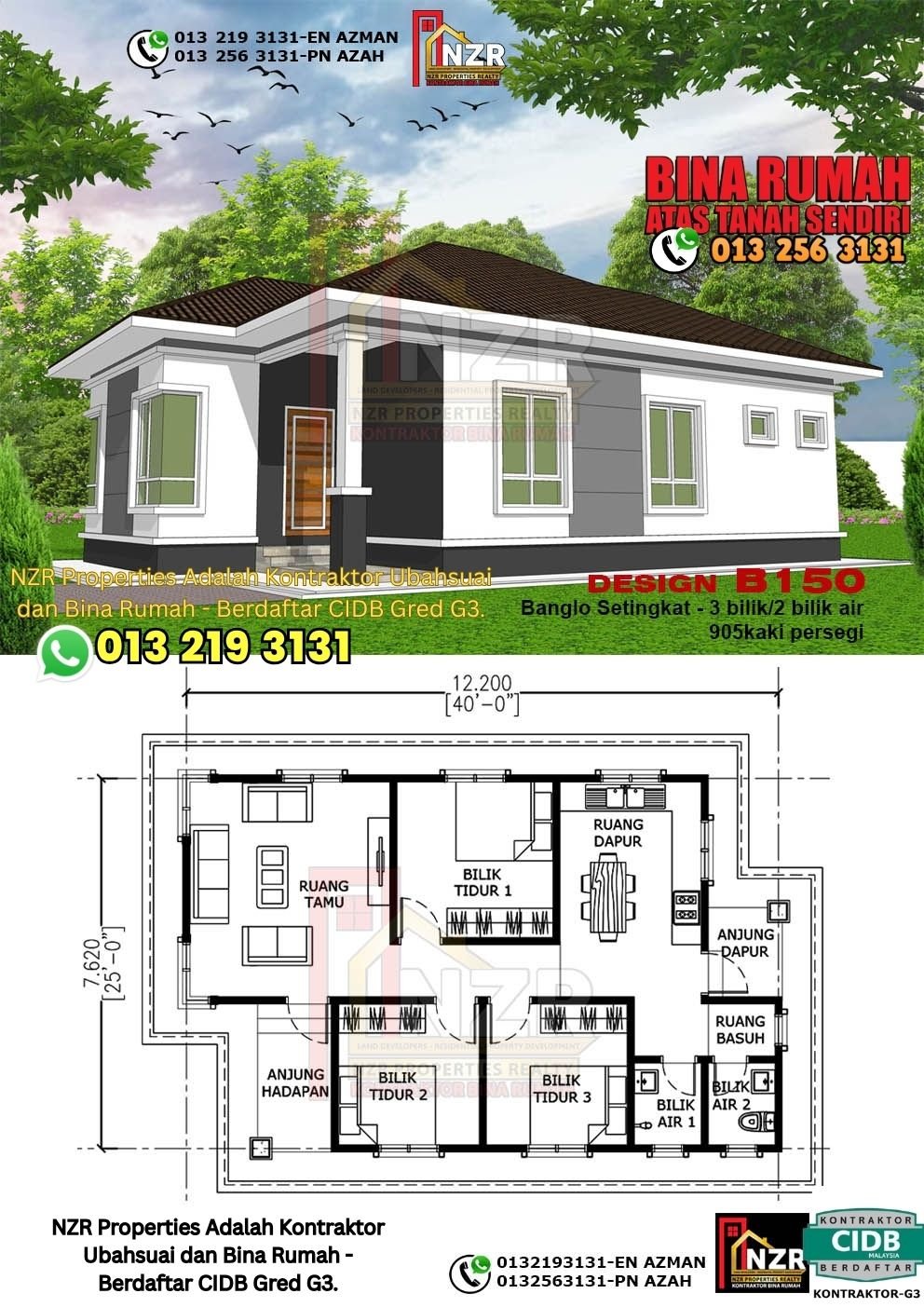 Design B150 rumah setingkat 905 kps dengan 3 bilik tidur dan 2 bilik air.