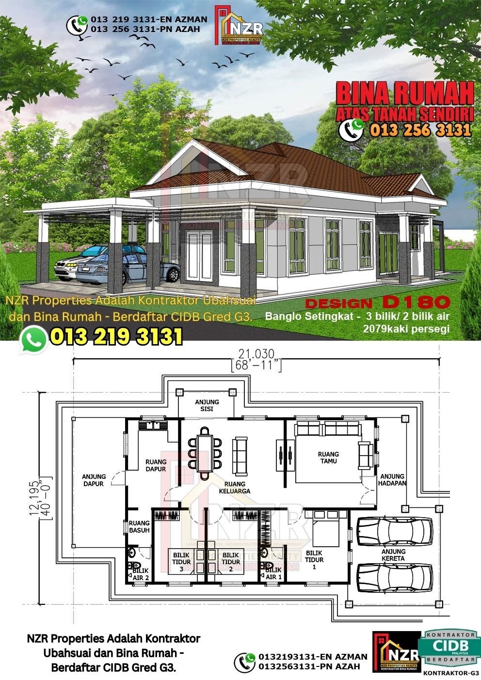 Design D180 rumah 1 tingkat 2079 kps dengan 3 bilik tidur dan 2 bilik air.