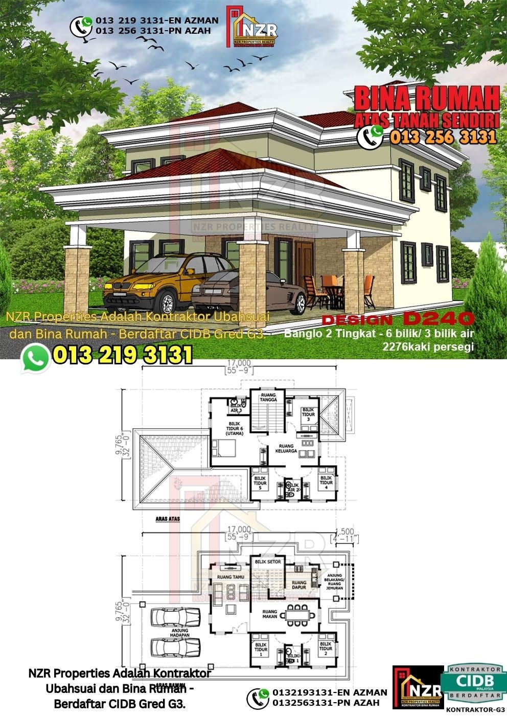 Design D240 rumah dua tingkat 2276 kps dengan 6 bilik tidur dan 3 bilik air