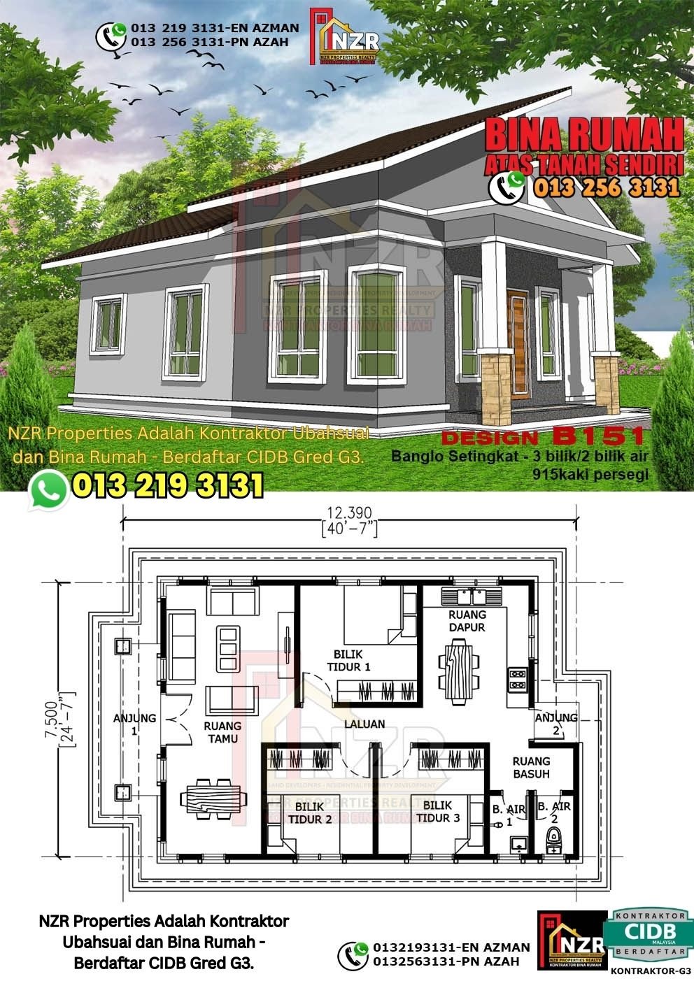 Design B151 rumah setingkat 915 kps dengan 3 bilik tidur dan 2 bilik air.