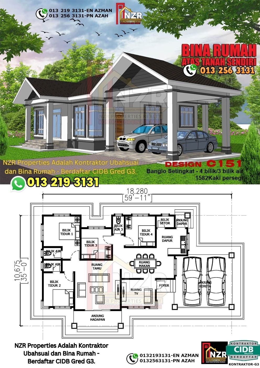 Design C151 rumah 1 tingkat 1582 kps dengan 4 bilik tidur dan 3 bilik air.
