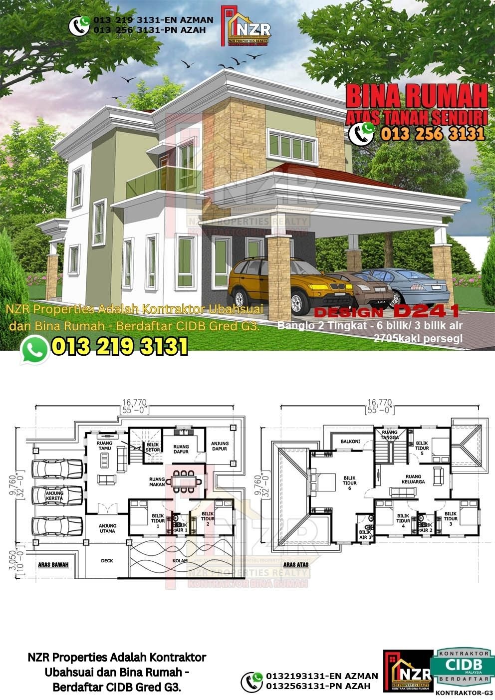 Design D241 rumah dua tingkat 2705 kps dengan 6 bilik tidur dan 3 bilik air.