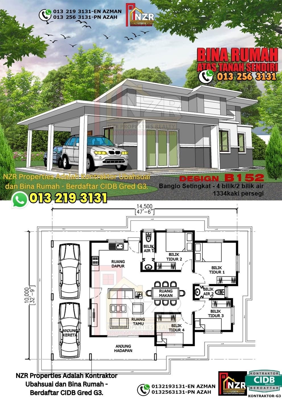 Design B152 rumah setingkat 1334 kps dengan 4 bilik tidur dan 2 bilik air.
