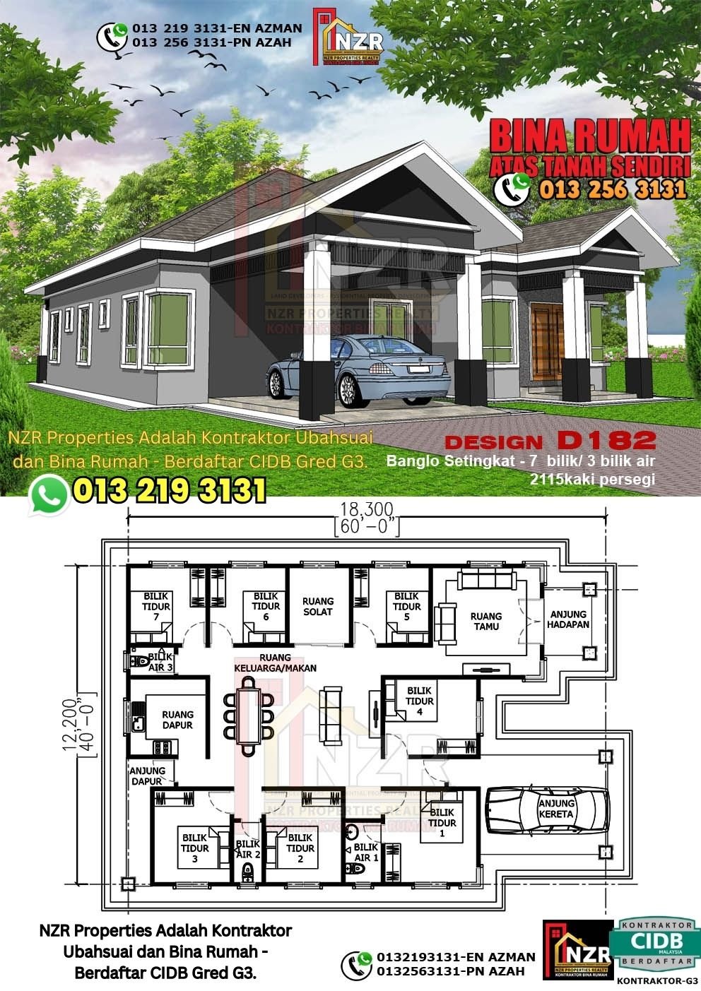 Design D182 rumah 1 tingkat 2115 kps dengan 7 bilik tidur dan 3 bilik air.