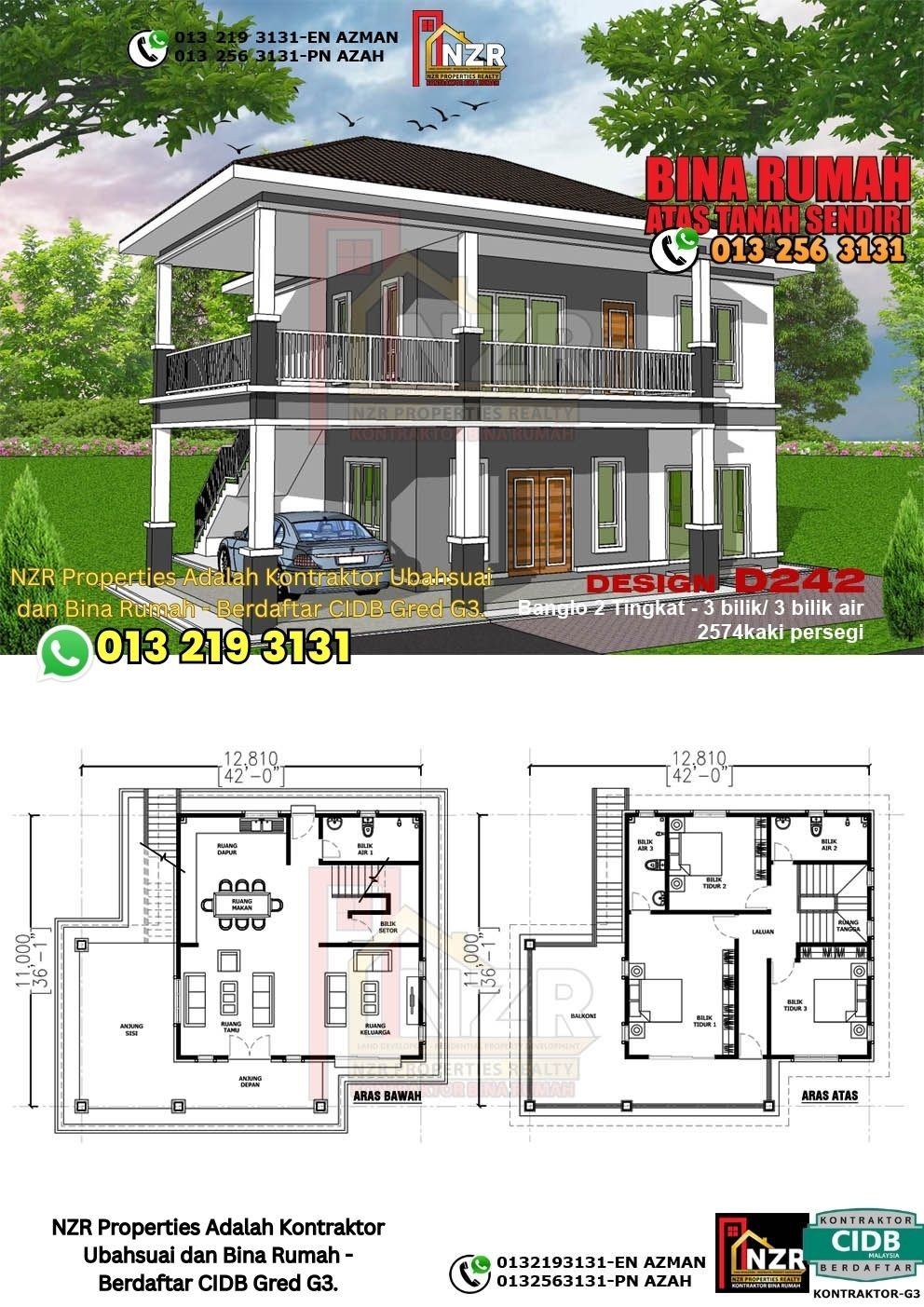 Design D242 rumah dua tingkat 2574 kps dengan 3 bilik tidur dan 3 bilik air.