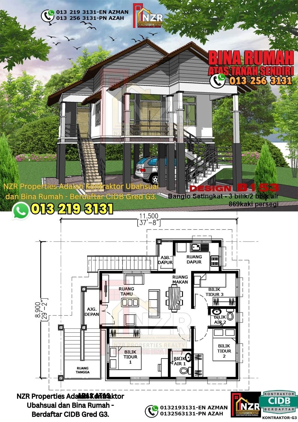 Design B153 rumah setingkat 869 kps dengan 3 bilik tidur dan 2 bilik air.
