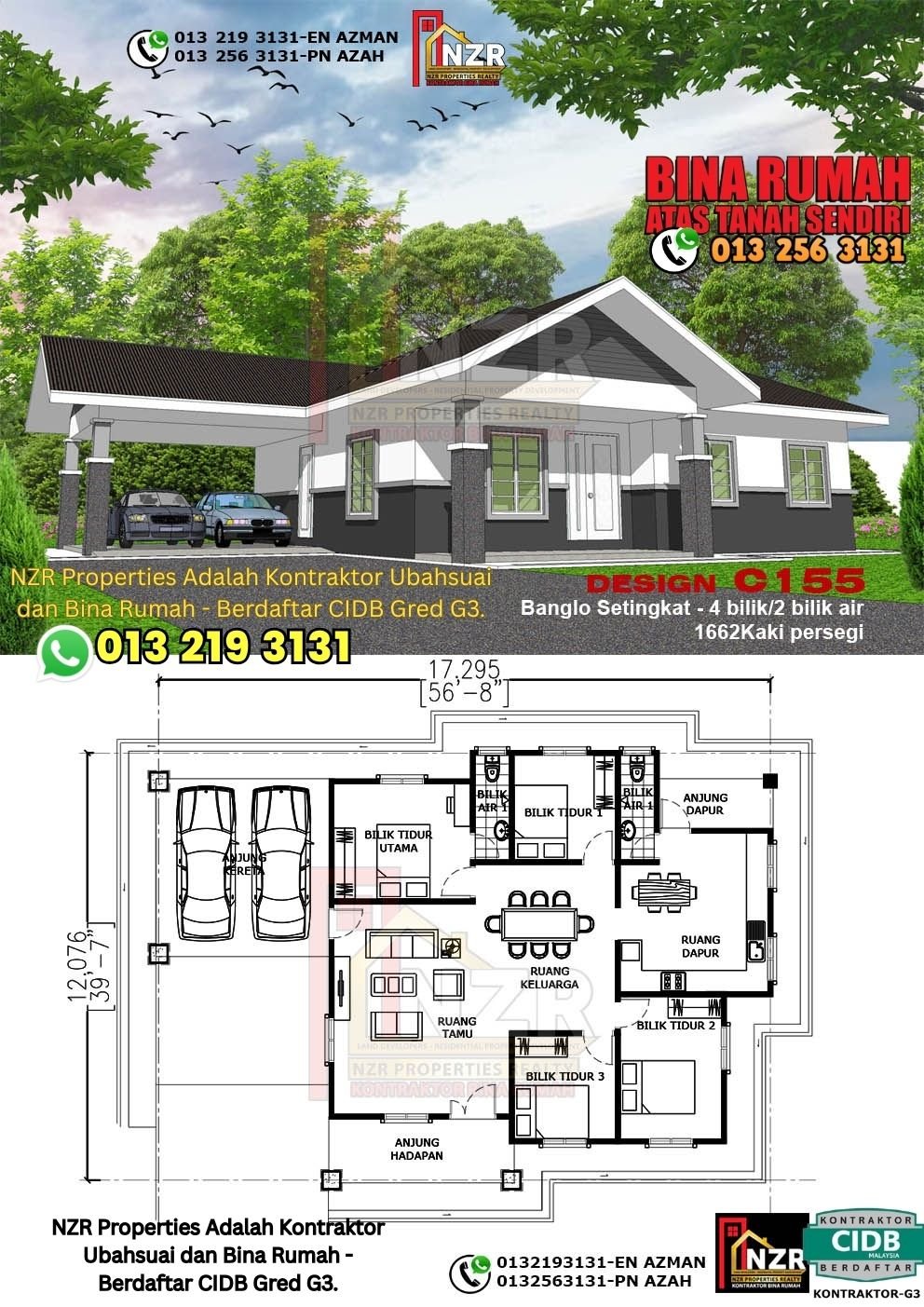 Design C155 rumah 1 tingkat 1662 kps dengan 4 bilik tidur dan 2 bilik air.