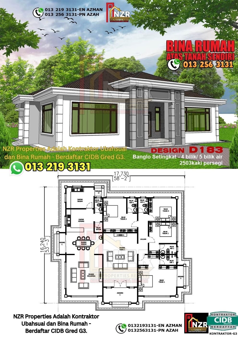 Design D183 rumah 1 tingkat 2503 kps dengan 4 bilik tidur dan 5 bilik air.