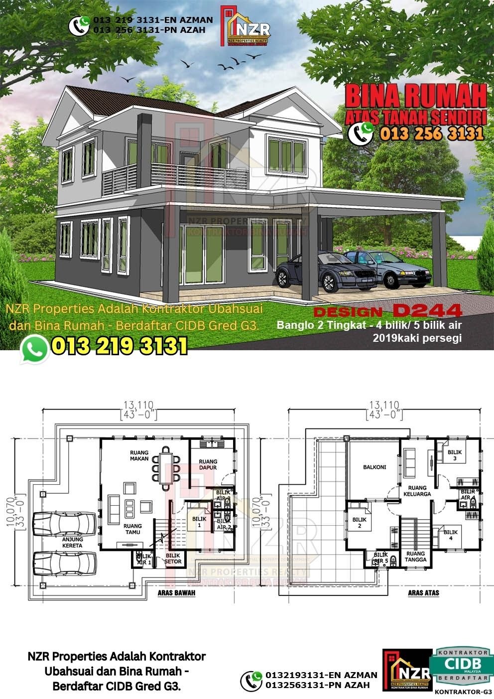 Design D244 rumah dua tingkat 2019 kps dengan 4 bilik tidur dan 5 bilik air.