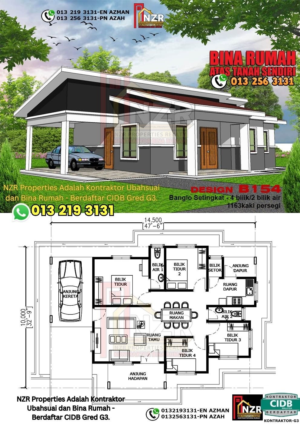 Design B154 rumah setingkat 1163 kps dengan 4 bilik tidur dan 2 bilik air.