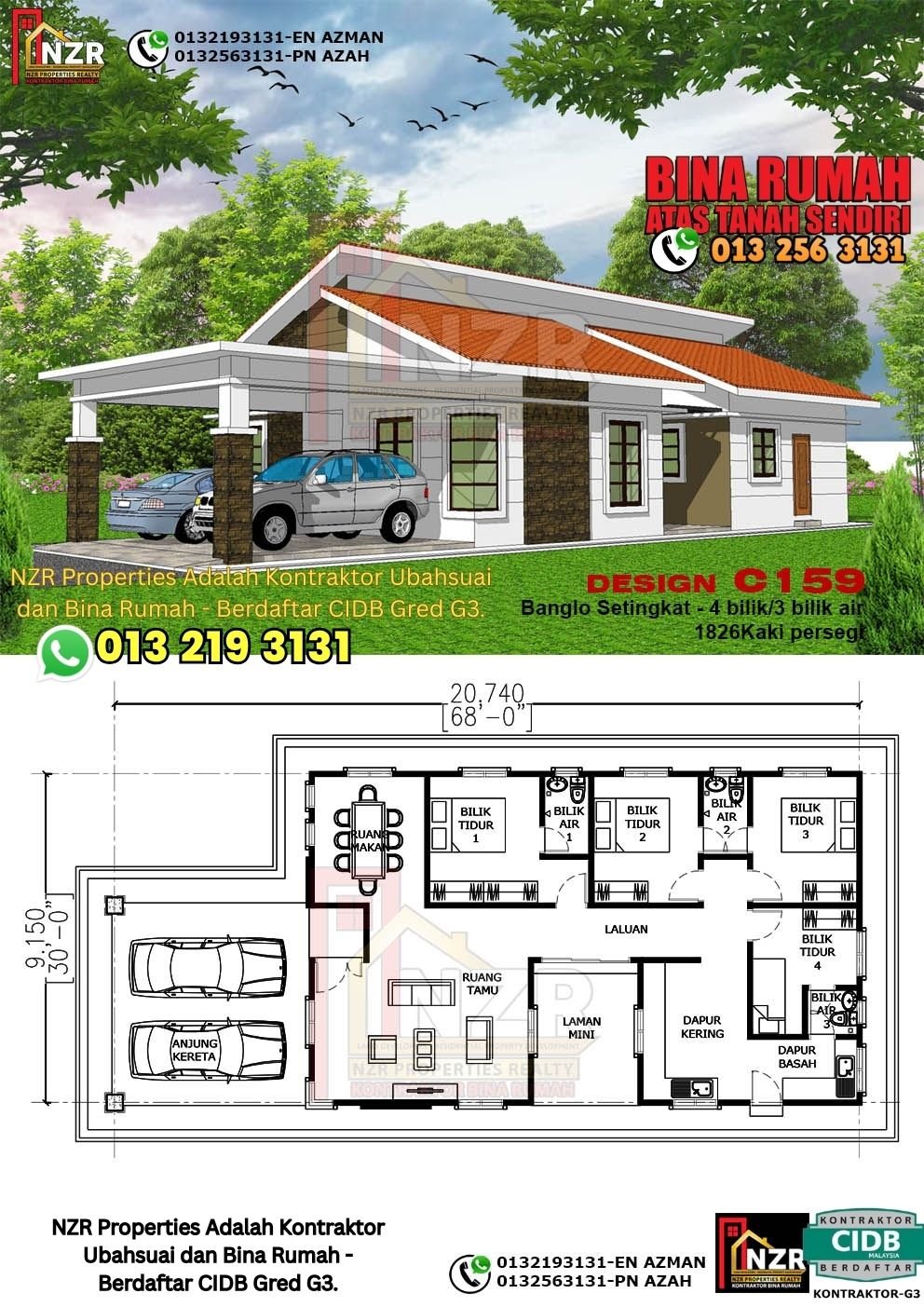Design C159 rumah 1 tingkat 1826 kps dengan 4 bilik tidur dan 3 bilik air.