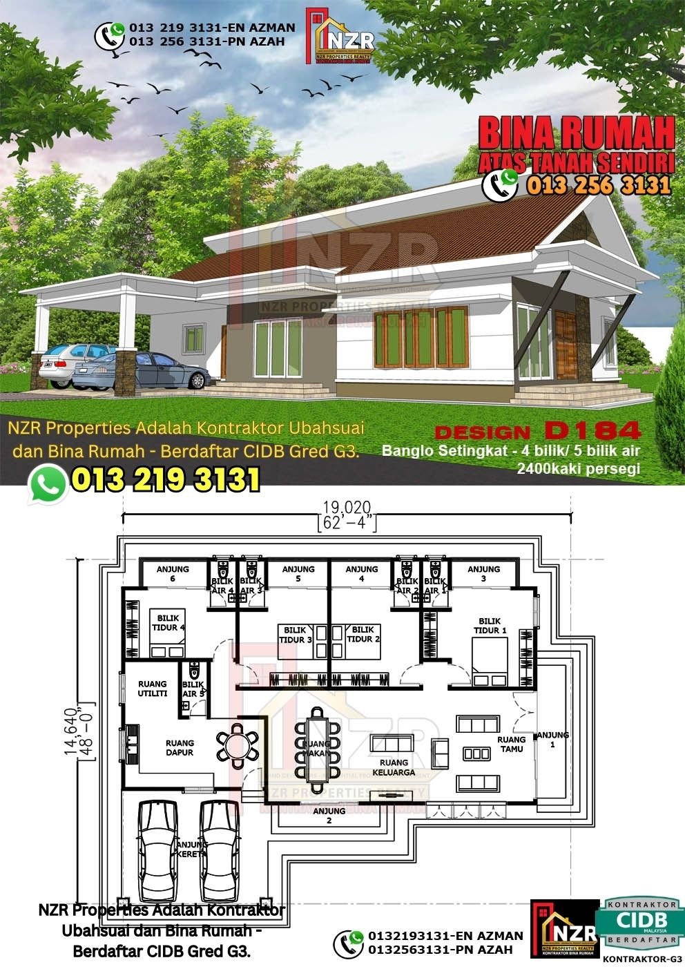 Design D184 rumah 1 tingkat 2400 kps dengan 4 bilik tidur dan 5 bilik air.