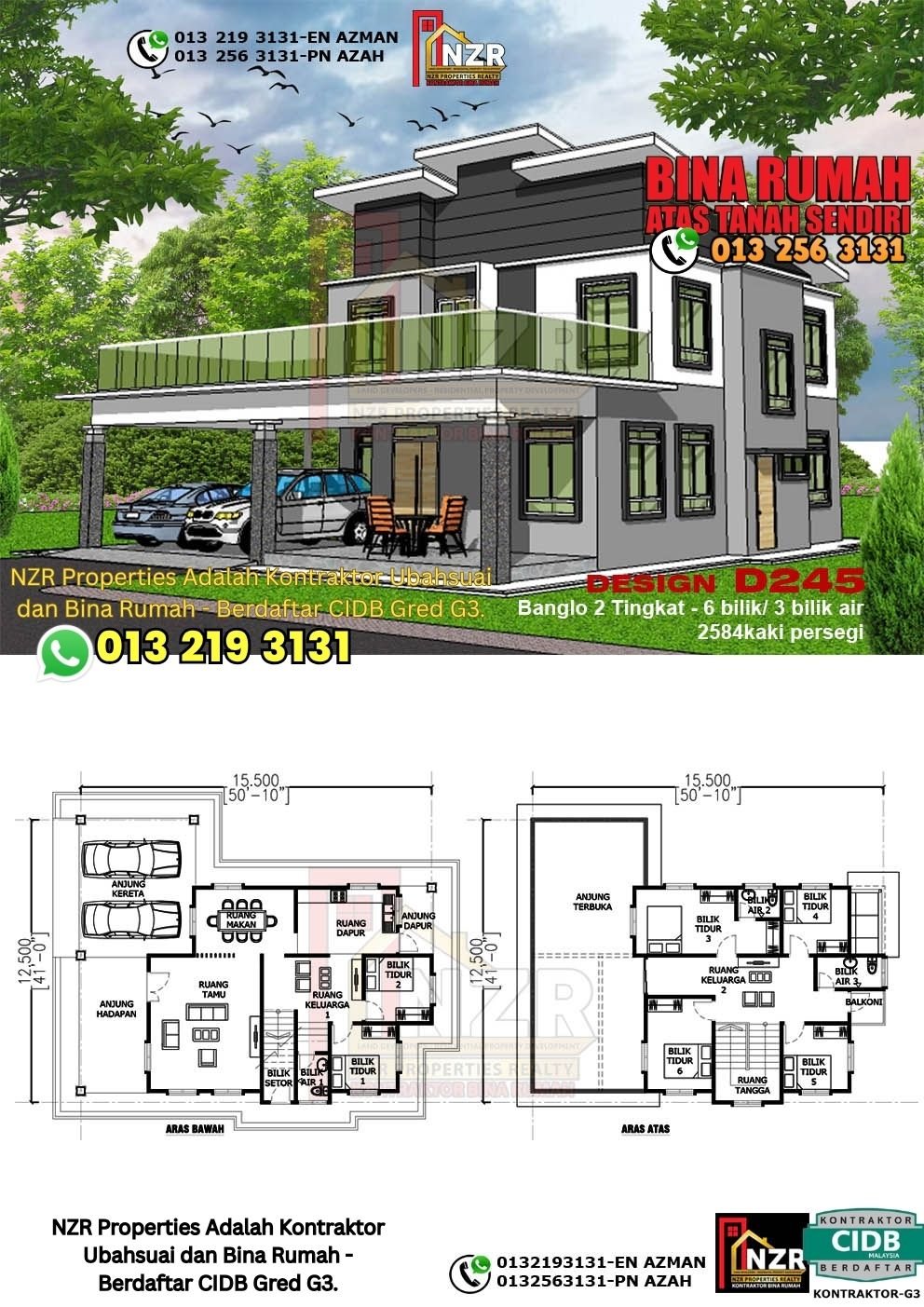 Design D245 rumah dua tingkat 2584 kps dengan 6 bilik tidur dan 3 bilik air.