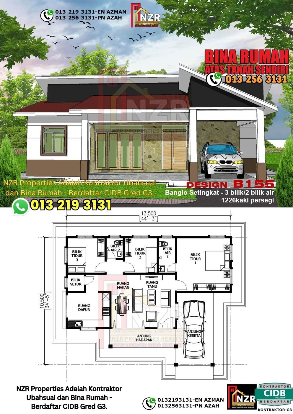 Design B155 rumah setingkat 1226 kps dengan 3 bilik tidur dan 2 bilik air.