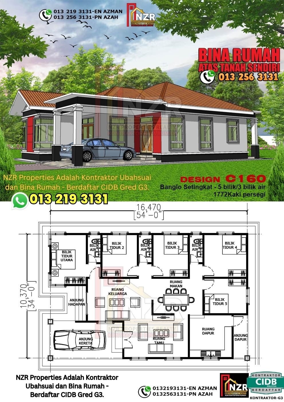 Design C160 rumah 1 tingkat 1772 kps dengan 5 bilik tidur dan 3 bilik air.