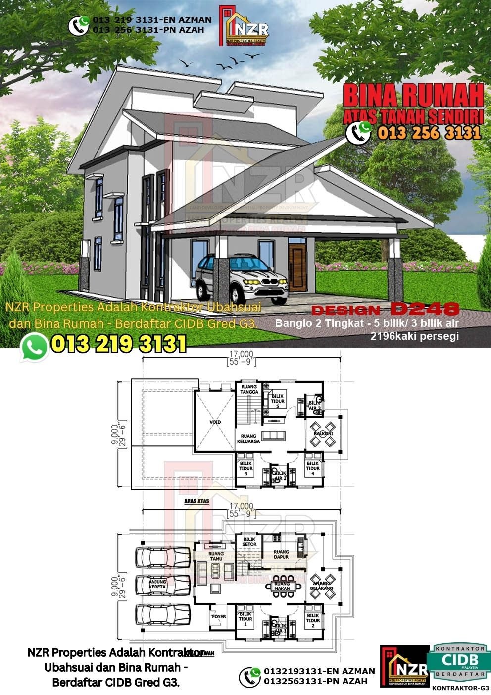 Design D248 rumah dua tingkat 2196 kps dengan 5 bilik tidur dan 3 bilik air.