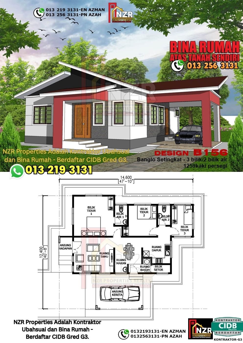 Design B156 rumah 1 tingkat 1259 kps dengan 3 bilik tidur dan 2 bilik air.