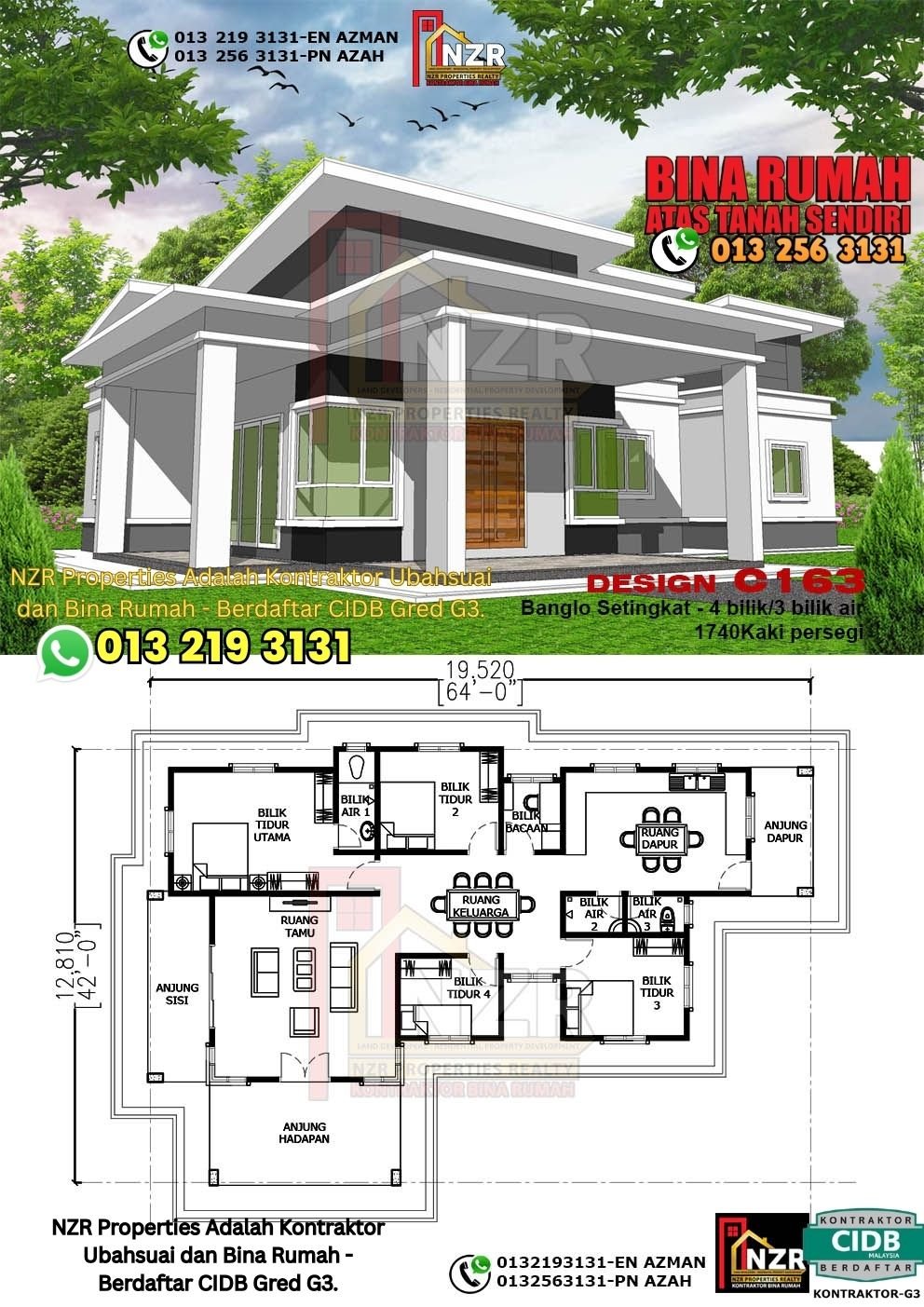 Design C163 rumah 1 tingkat 1740 kps dengan 4 bilik tidur dan 3 bilik air.